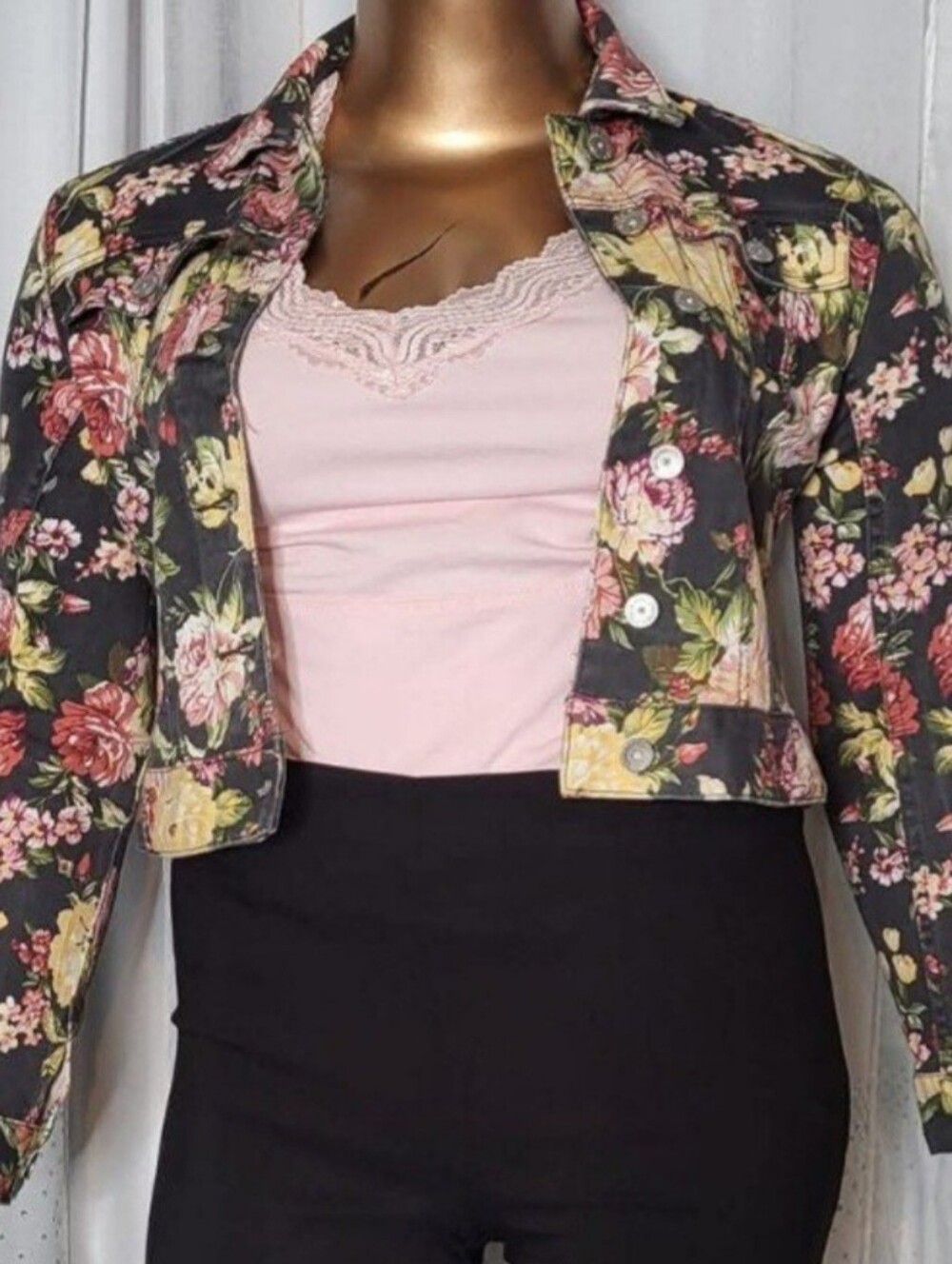 Floral Cropped Jacket in Black with Pink Accents